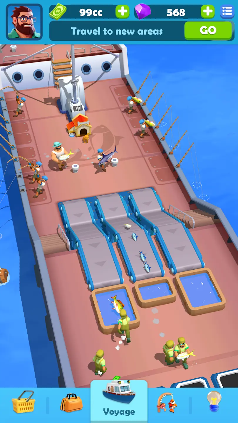 Anglers working on deck with fishing gear